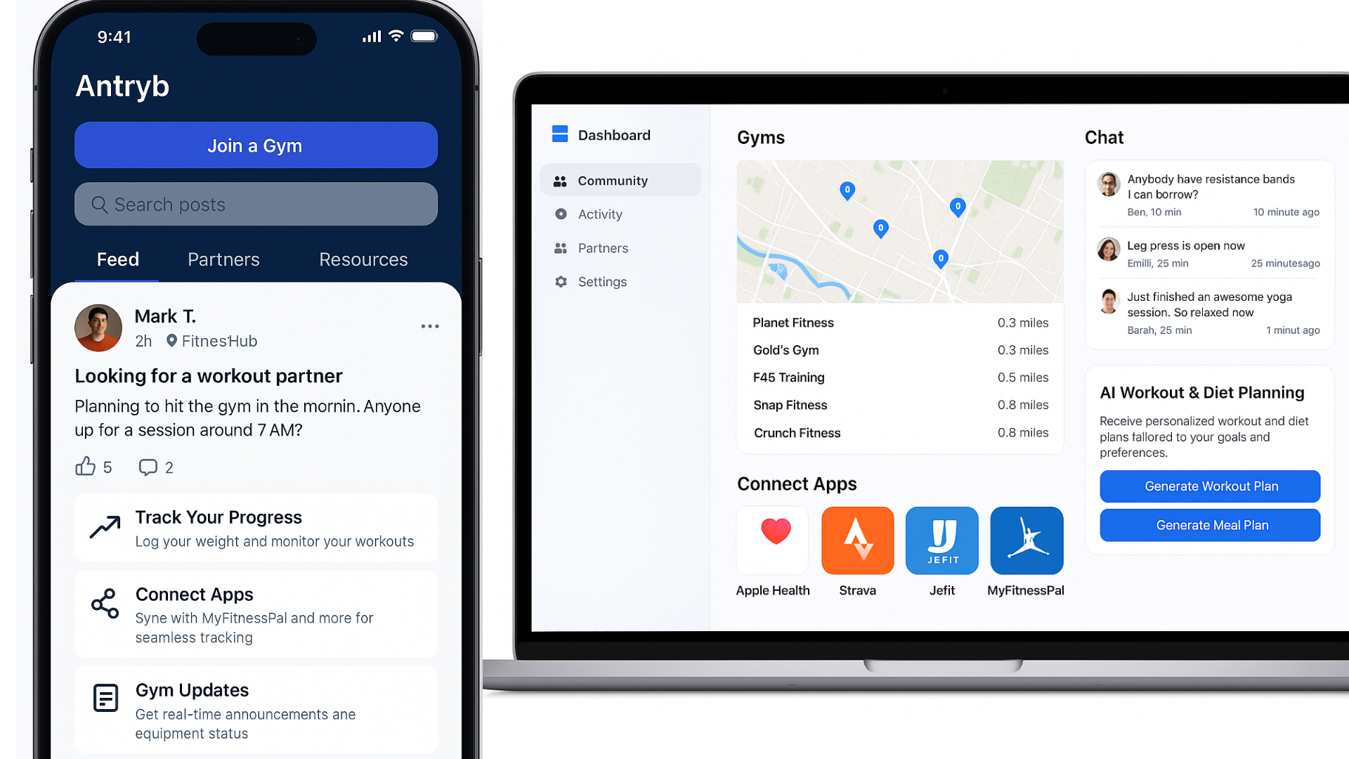 Antryb app mockups showing mobile and desktop interfaces